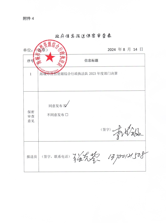 辽宁省鞍山市海城市自然资源综合行政执法队政府信息报送保密审查表