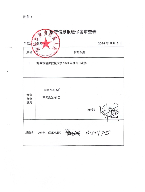 辽宁省鞍山市消防救援支队海城大队政府信息报送保密审查表