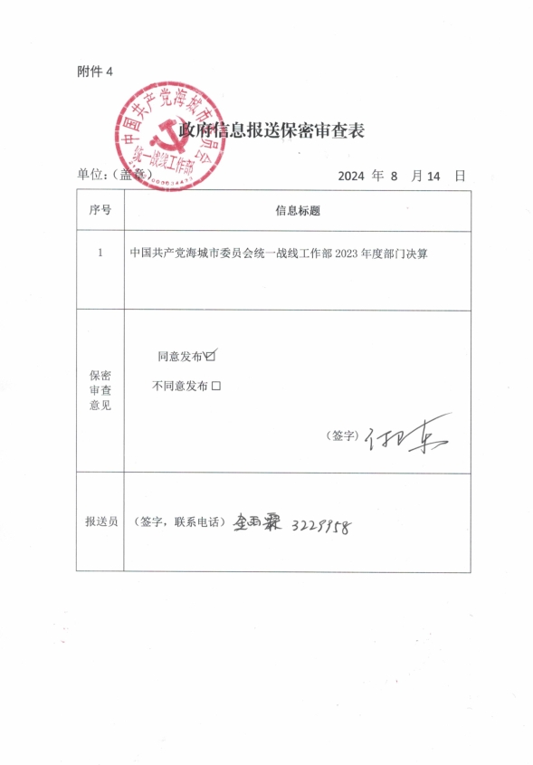 中国共产党辽宁省鞍山市海城市委员会统一战线工作部（本级）政府信息报送保密审查表