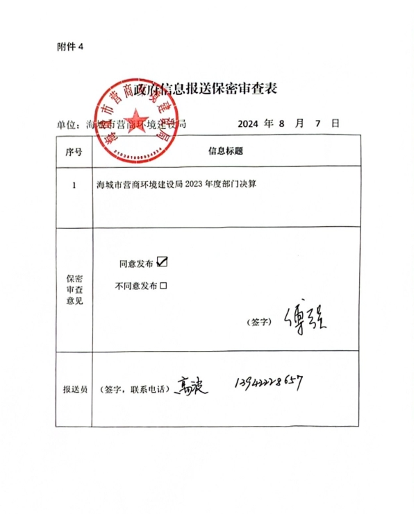 中国共产党辽宁省鞍山市海城市营商环境建设局政府信息报送保密审查表