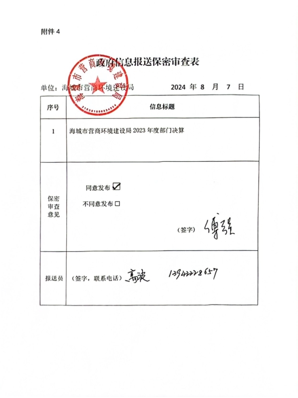 中国共产党辽宁省鞍山市海城市营商环境建设局（本级）政府信息报送保密审查表