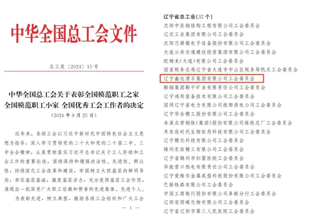 喜报!辽宁鑫达滑石集团有限公司工会荣获“全国模范职工之家”称号