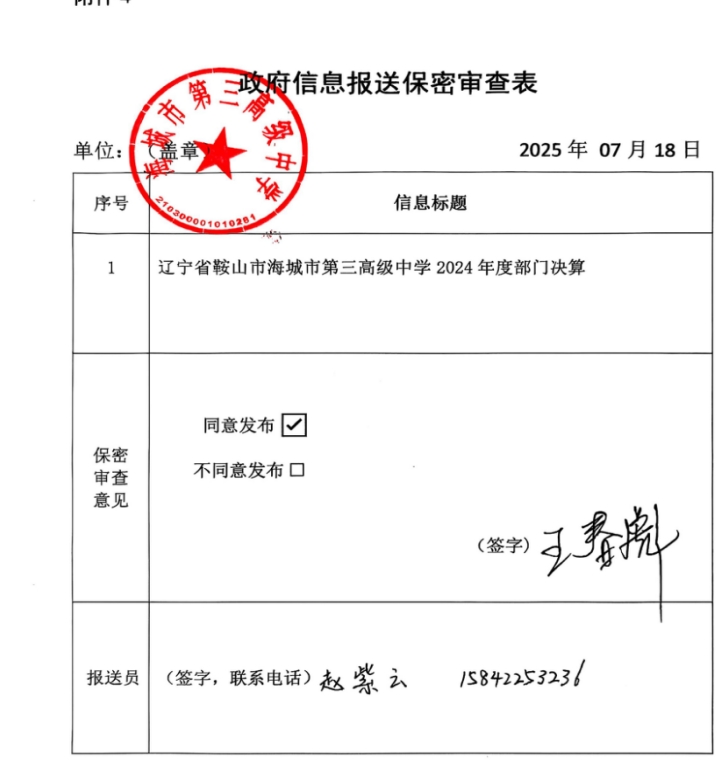 辽宁省鞍山市海城市第三高级中学 2024年度部门决算