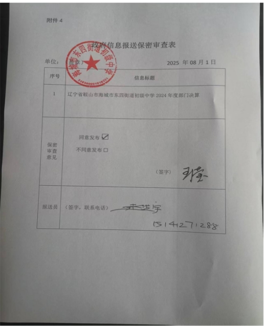 辽宁省鞍山市海城市东四街道初级中学 2024年度部门决算