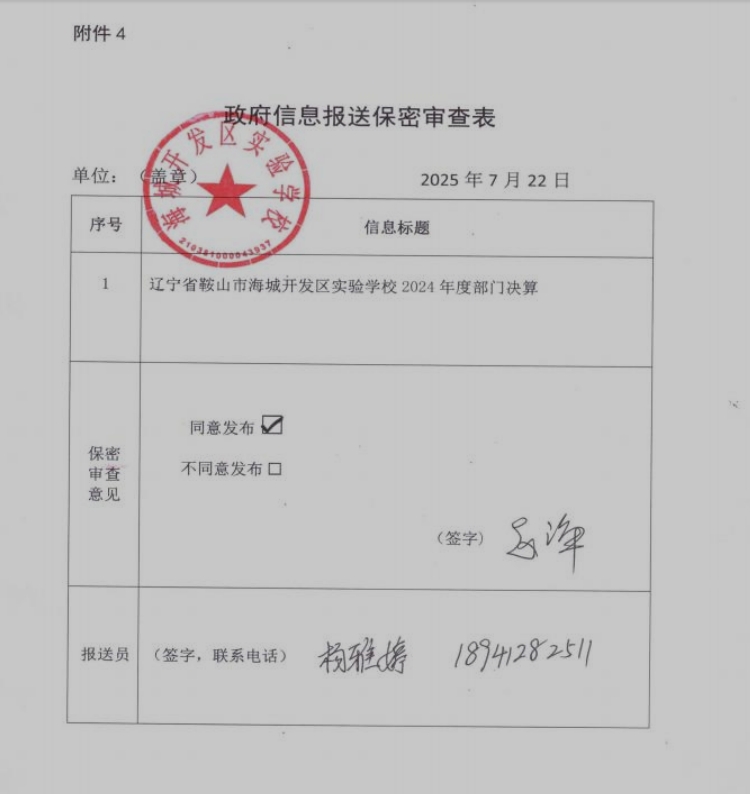 辽宁省鞍山市海城市开发区实验学校 2024 年度部门决算
