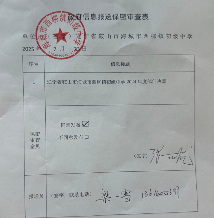 辽宁省鞍山市海城市西柳镇初级中学 2024年度部门决算