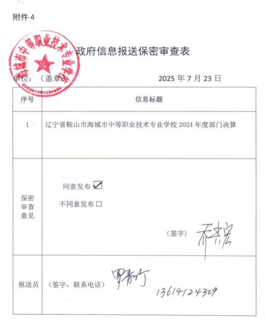 辽宁省鞍山市海城市中等职业技术专业学 校2024 年度部门决算