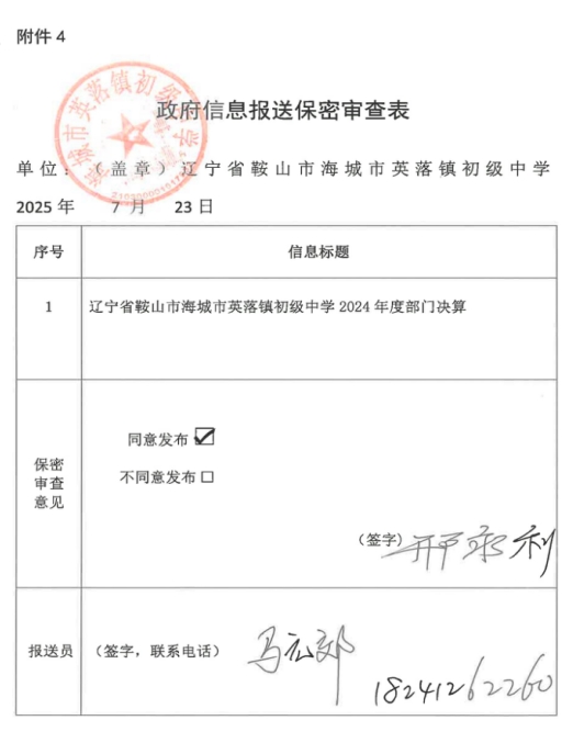 辽宁省鞍山市海城市英落镇初级中学 2024年度部门决算