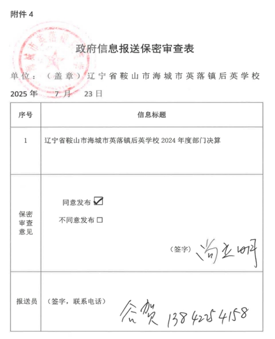 辽宁省鞍山市海城市英落镇后英学校 2024年度部门决算