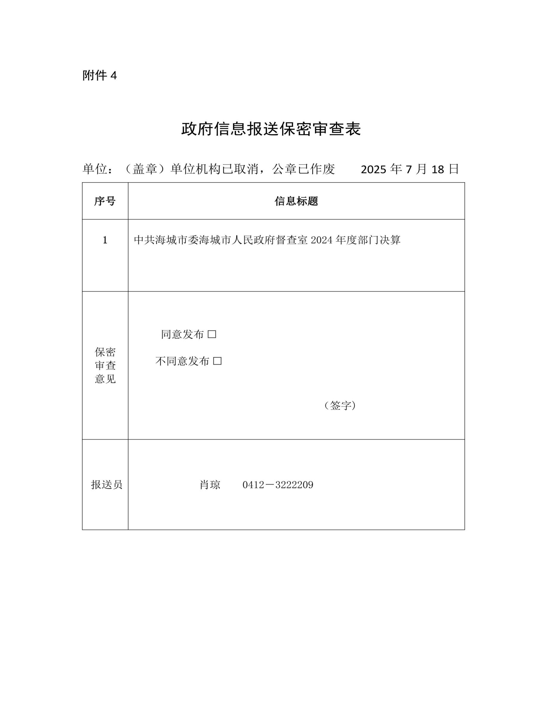 中国共产党辽宁省鞍山市海城市人民政府督查室 2024年度部门决算