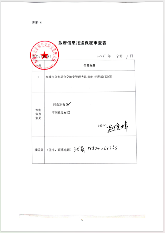 辽宁省鞍山市海城市公安局公交治安管理大队 2024年度部门决算