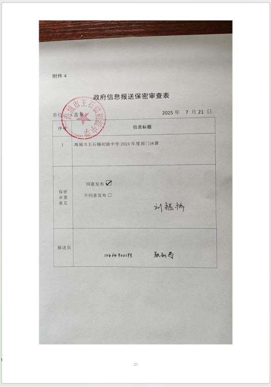  辽宁省鞍山市海城市王石镇初级中学 2024年度部门决算