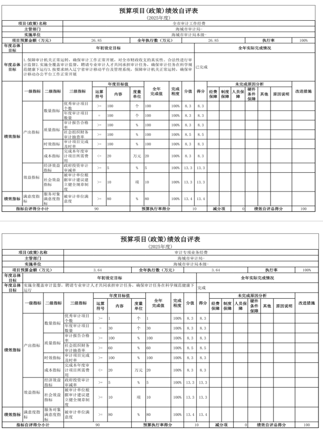 辽宁省鞍山市海城市审计局(本级) 2025年度公开报告