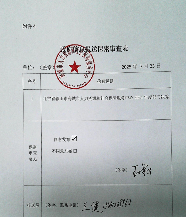 辽宁省鞍山市海城市人力资源和社会保障服务中心 2024年度部门决算