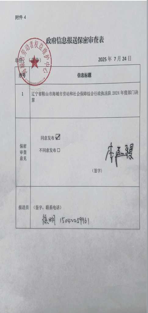  辽宁省鞍山市海城市劳动和社会保障综合行政执法队 2024年度部门决算