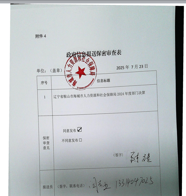 辽宁省鞍山市海城市人力资源和社会保障局 2024年度部门决算