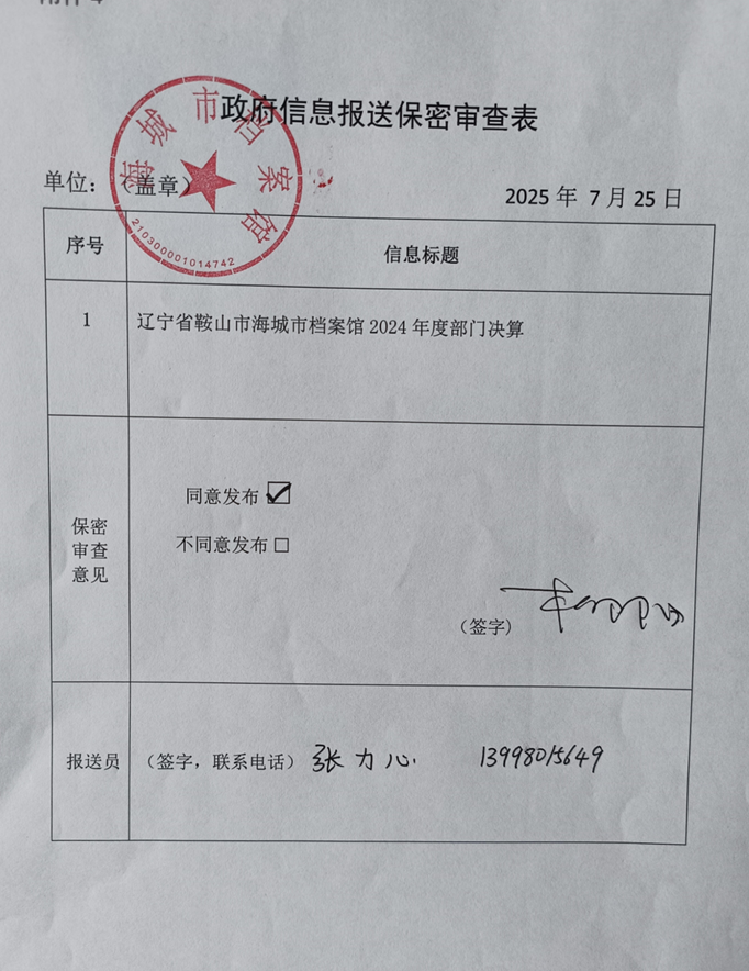 辽宁省鞍山市海城市档案馆 2024年度部门决算
