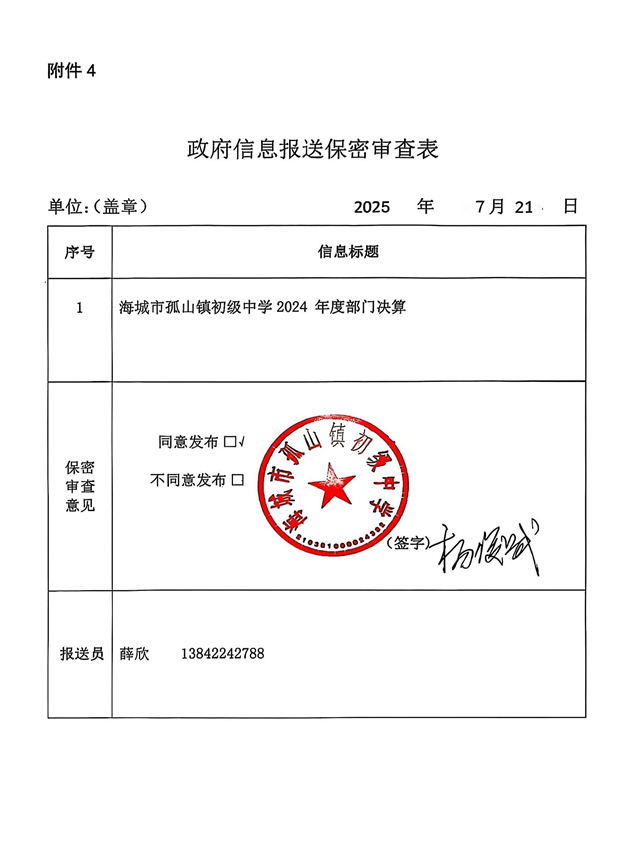 辽宁省鞍山市海城市孤山镇初级中学 2024年度部门决算