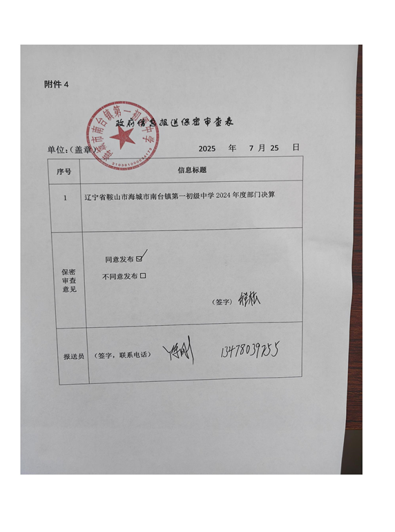 辽宁省鞍山市海城市南台镇第一初级中学 2024年度部门决算