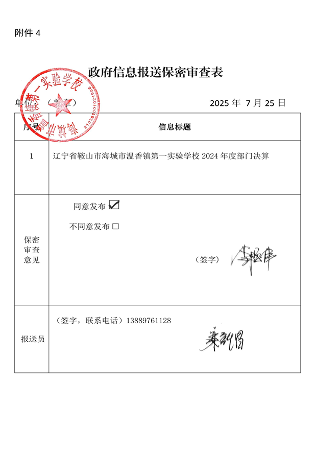 辽宁省鞍山市海城市温香镇第一实验学校 2024年度部门决算